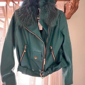 Green Moto Jacket with Faux Fur Collar (NEW)